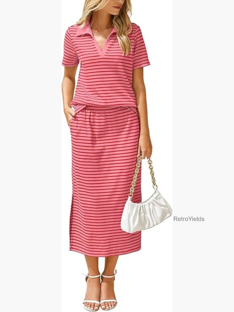 Striped Short Sleeve Skirt And Top Set Summer Travel Clothes